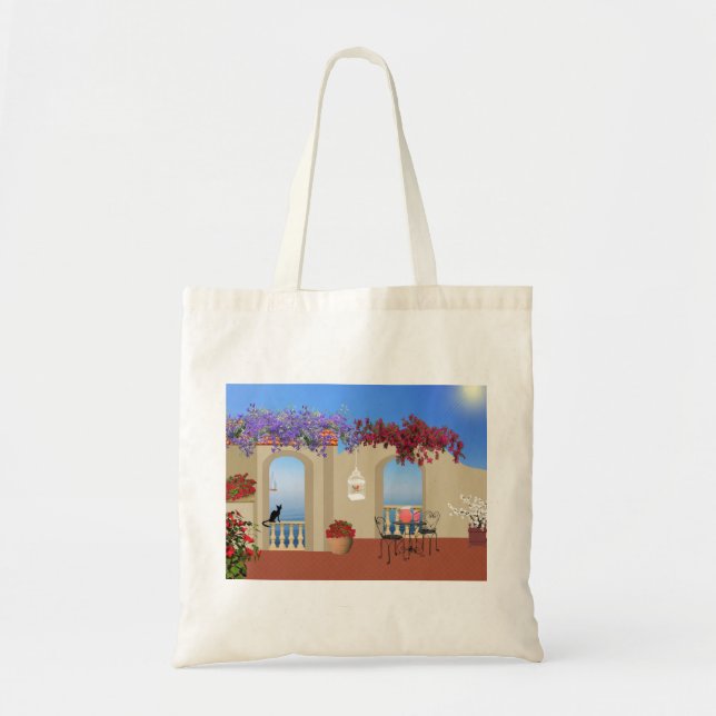 Balcony Outside Flowers Table Tranquillity Seaside Tote Bag (Front)