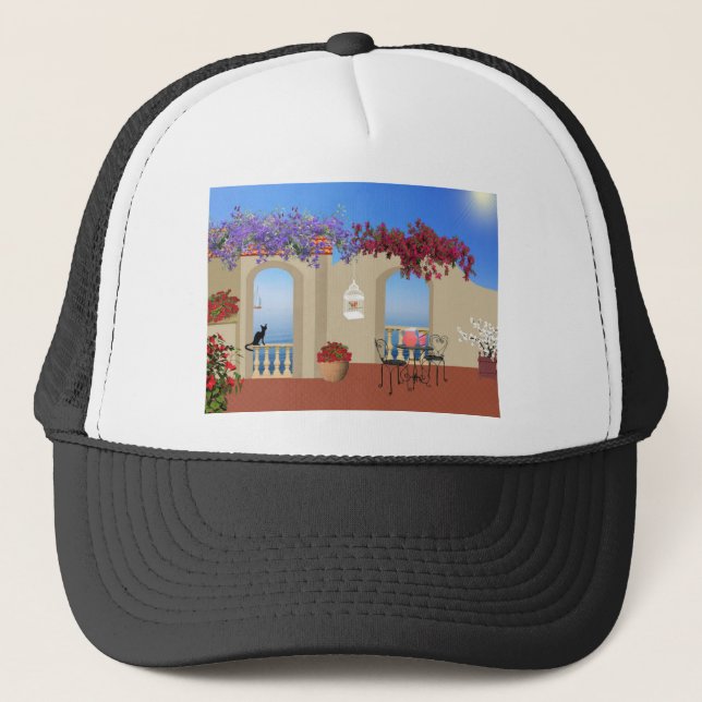 Balcony Outside Flowers Table Tranquillity Seaside Trucker Hat (Front)