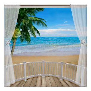 Balcony with a Beach Ocean View Poster