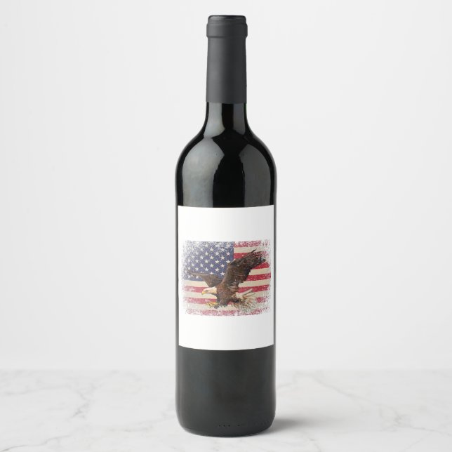 Bald Eagle 4th of July Christmas Gift American Fla Wine Label (Front)
