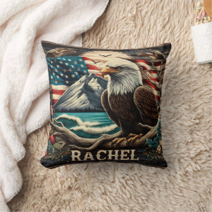 Bald Eagle Against Mountain and American Flag Cushion