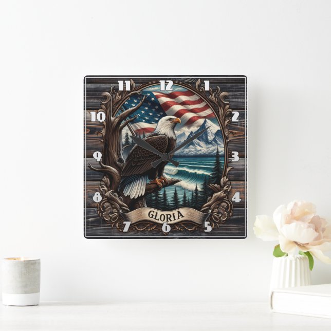 Bald Eagle Against Scenic View Square Wall Clock (Home)