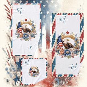 Bald Eagle American Flag Star and Stripes Monogram Bath Towel Set