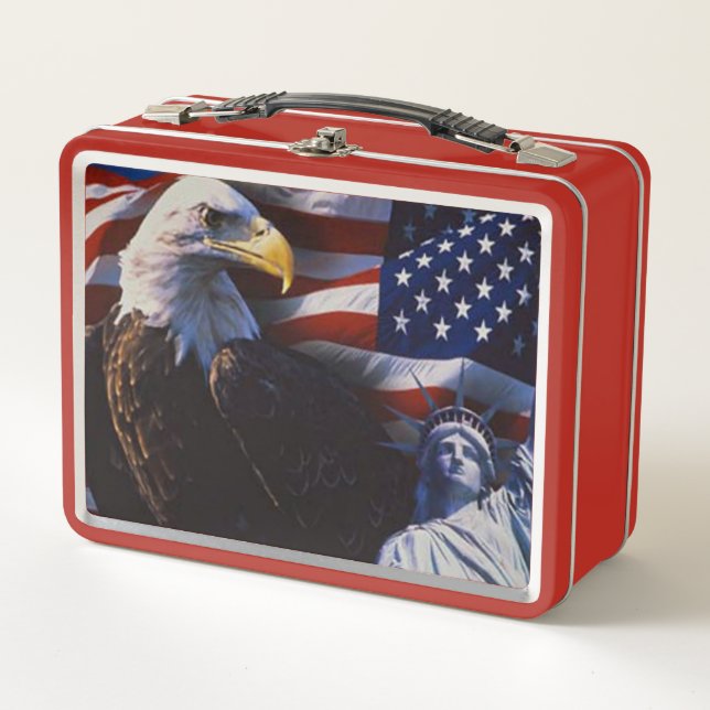 Bald Eagle an Statue of Liberty an American flag Metal Lunch Box (Front)