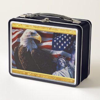 Bald Eagle an Statue of Liberty an American flag Metal Lunch Box
