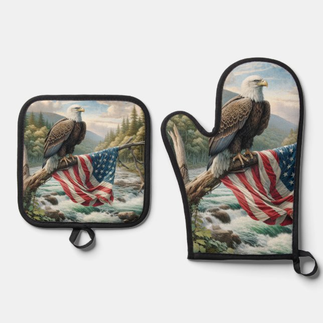 Bald Eagle And Flag On Tree Branch Oven Mitt & Pot Holder Set (Front)