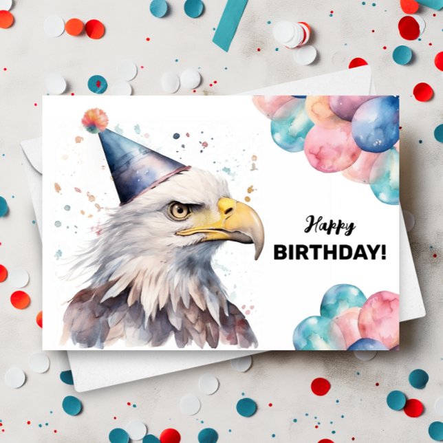 Bald Eagle Balloons and Party Hat Happy Birthday Card (Creator Uploaded)
