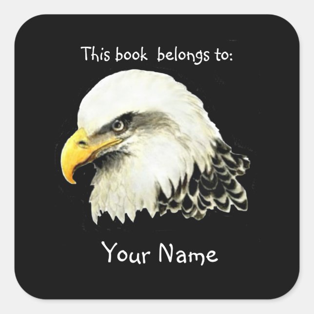 Bald Eagle Bird, This book belongs Bookplate Square Sticker (Front)