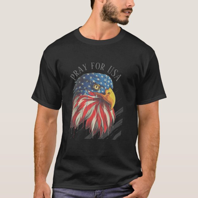 Bald Eagle Bird USA Flag Crying Pray for USA  T-Shirt (Front)