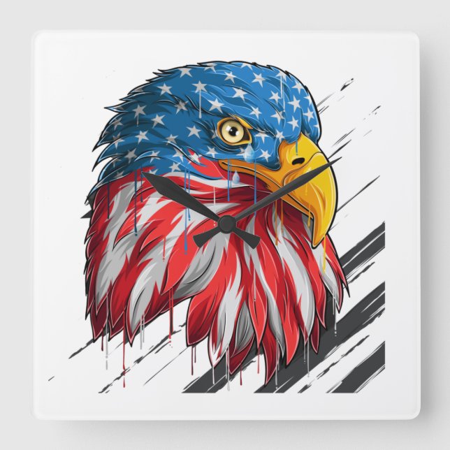 Bald Eagle Bird USA Flag Crying Symbol  Square Wall Clock (Front)
