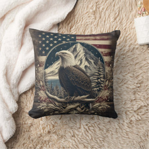 Bald Eagle by Mountains and Flag Cushion