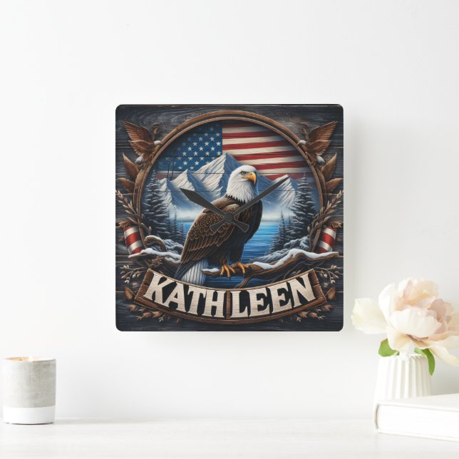 Bald Eagle by Mountains and Flag Square Wall Clock (Home)
