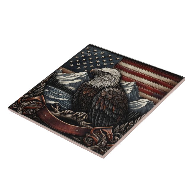 Bald Eagle Designed Against American Flag Motif Ceramic Tile (Side)