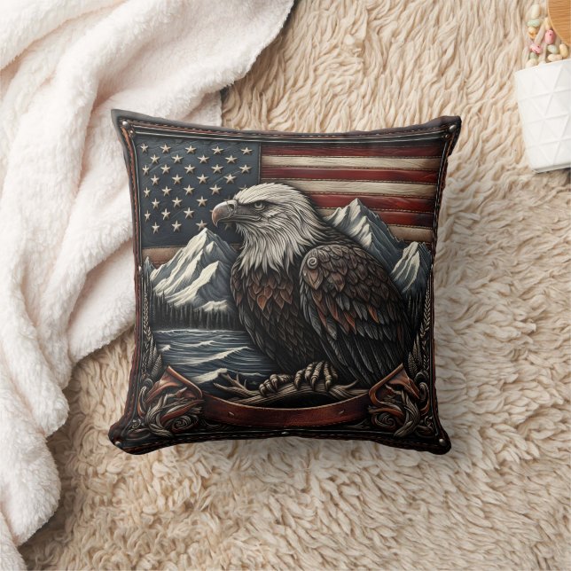 Bald Eagle Designed Against American Flag Motif Cushion (Blanket)