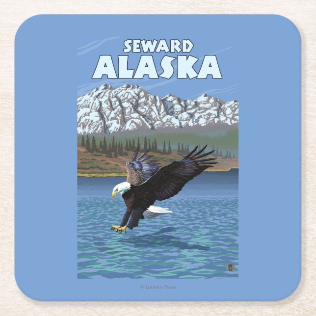 Bald Eagle Diving - Seward, Alaska Square Paper Coaster (Front)