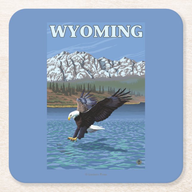 Bald Eagle Diving - Wyoming Square Paper Coaster (Front)