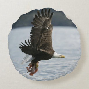 Bald Eagle Fish Retrieval Round Cushion