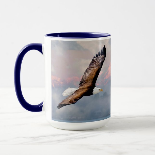 Bald Eagle Flying Over Snowcapped Mountains Blue Mug (Left)