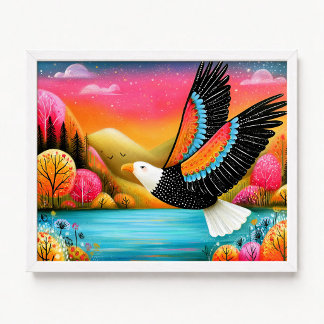 Bald Eagle Flying Pink Orange Floral Painting Poster