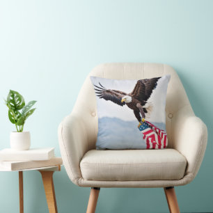 Bald Eagle Flying With American Flag Cushion