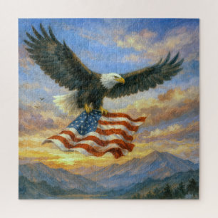 Bald Eagle Flying With American Flag Jigsaw Puzzle