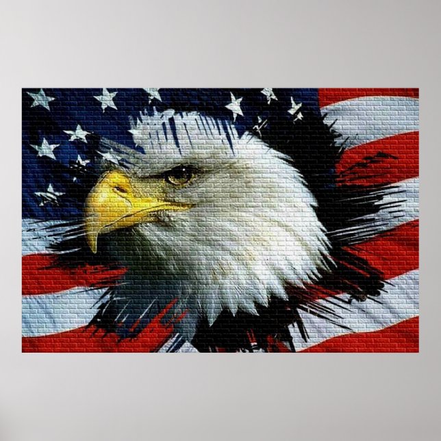Bald Eagle head with a American flag behind him Poster (Front)