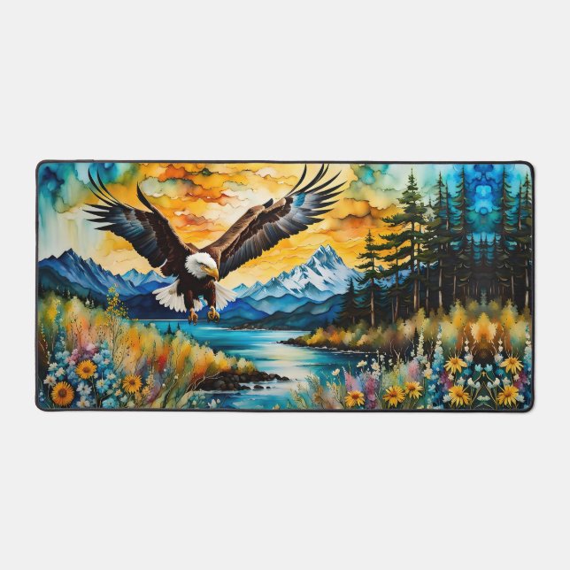 Bald Eagle Hunting in wildflowers Desk Mat (Front)