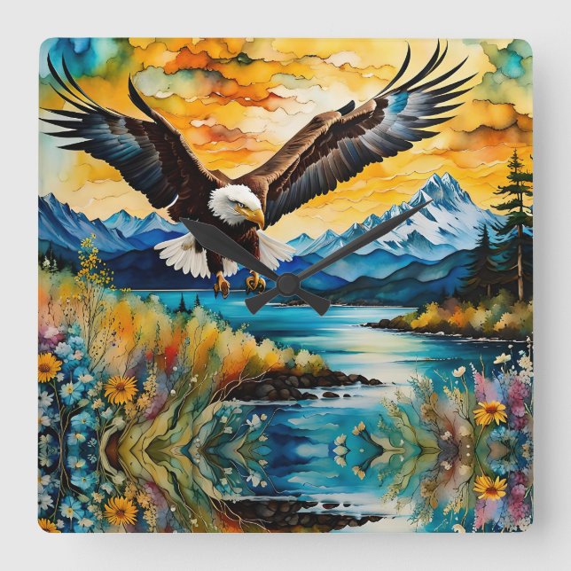 Bald Eagle Hunting in wildflowers Square Wall Clock (Front)