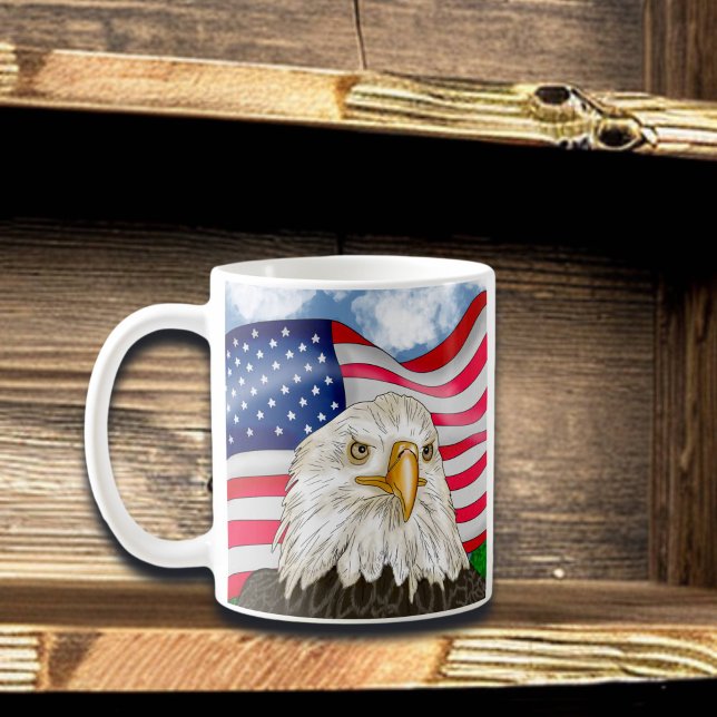 Bald Eagle in front of American Flag Patriotic Art Coffee Mug (Creator Uploaded)