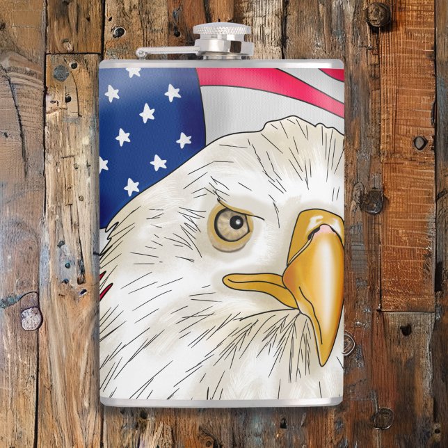 Bald Eagle in front of American Flag Patriotic Art Hip Flask (Creator Uploaded)