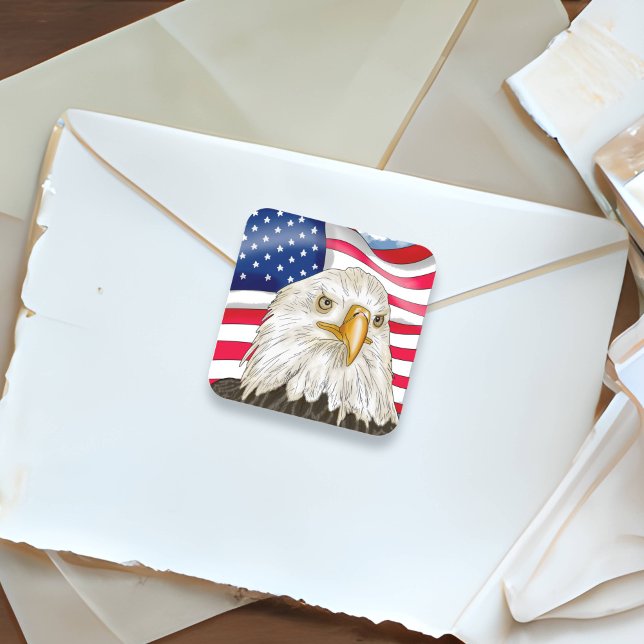 Bald Eagle in front of American Flag Patriotic Art Square Sticker (Creator Uploaded)