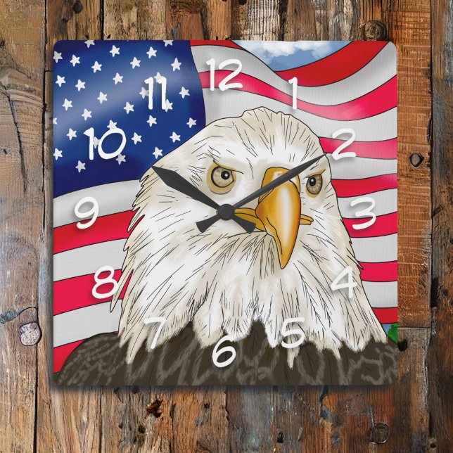 Bald Eagle in front of American Flag Patriotic Art Square Wall Clock (Creator Uploaded)