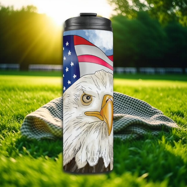 Bald Eagle in front of American Flag Patriotic Art Thermal Tumbler (Creator Uploaded)