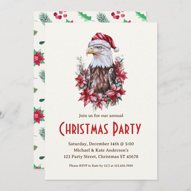 Bald Eagle in Santa Hat Patriotic Christmas Party  Invitation (Front/Back)