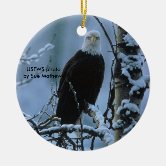 Bald Eagle in winter snow Ceramic Tree Decoration (Front)