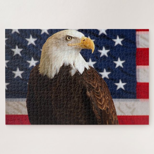 Bald Eagle looking with a American flag behind him Jigsaw Puzzle (Horizontal)
