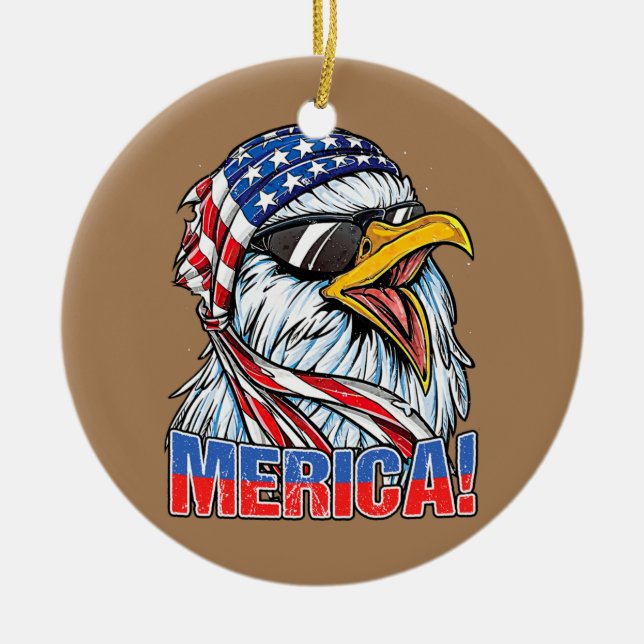 Bald Eagle 'Merica Retro American Flag Patriotic Ceramic Ornament (Front)