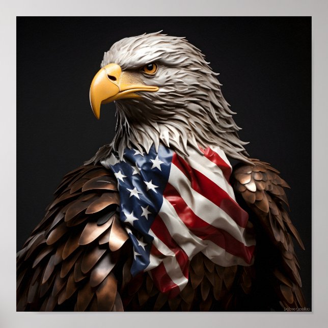 Bald Eagle metal sculpture with American flag Poster (Front)