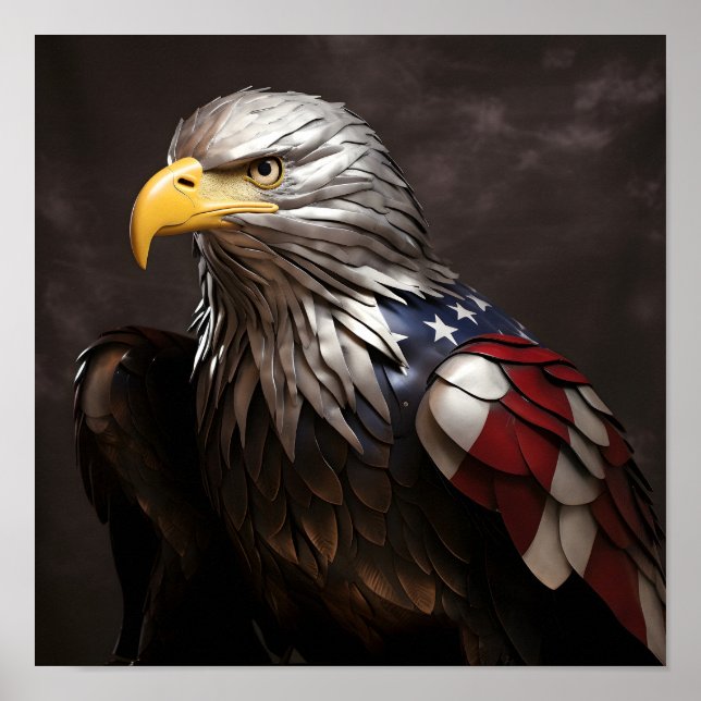 Bald Eagle metal sculpture with American flag Poster (Front)