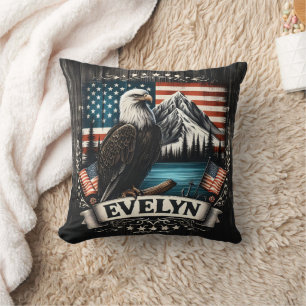 Bald Eagle Nesting Near Mountain Lake With Flags Cushion