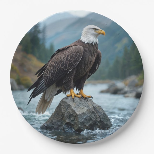 Bald Eagle On a River Rock Paper Plate (Front)