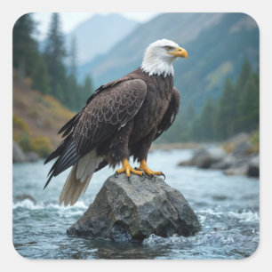 Bald Eagle On a River Rock Square Sticker