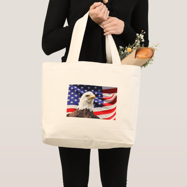 Bald Eagle On American Flag Large Tote Bag (Front (Product))