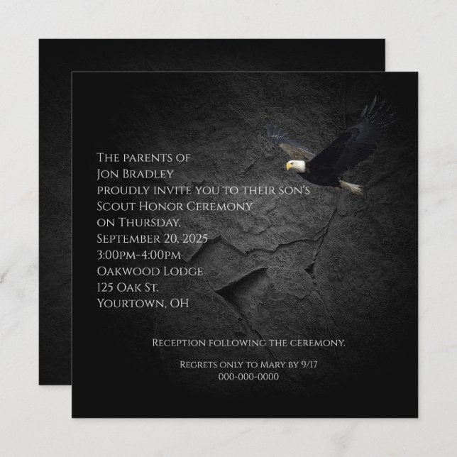 Bald eagle on black rock invitation (Front/Back)