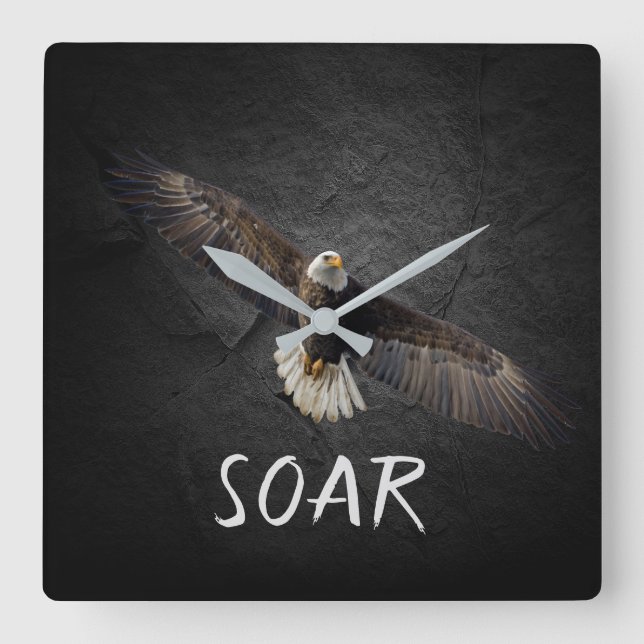 Bald Eagle on Black Rock Square Wall Clock (Front)