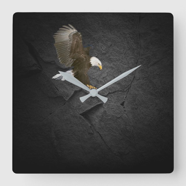 Bald Eagle On Black Rock Square Wall Clock (Front)