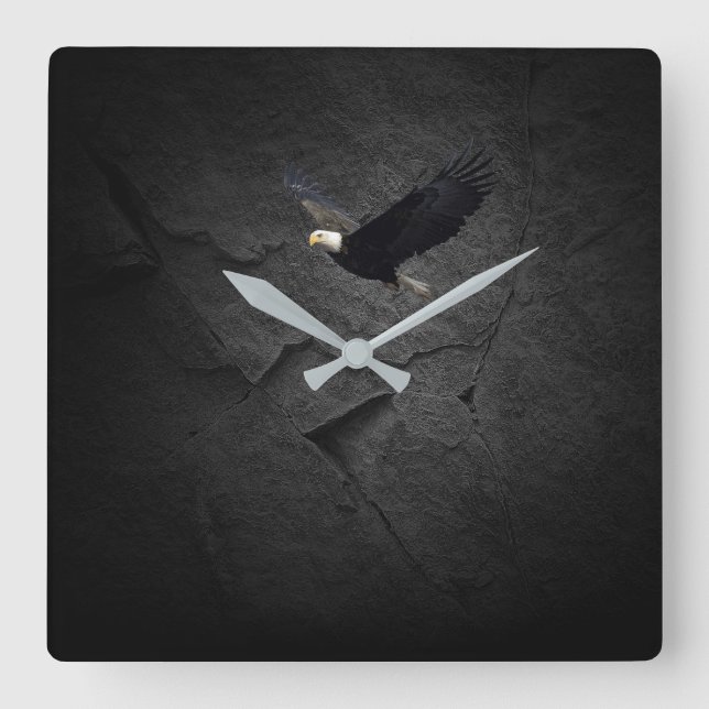 Bald Eagle on black rock Square Wall Clock (Front)