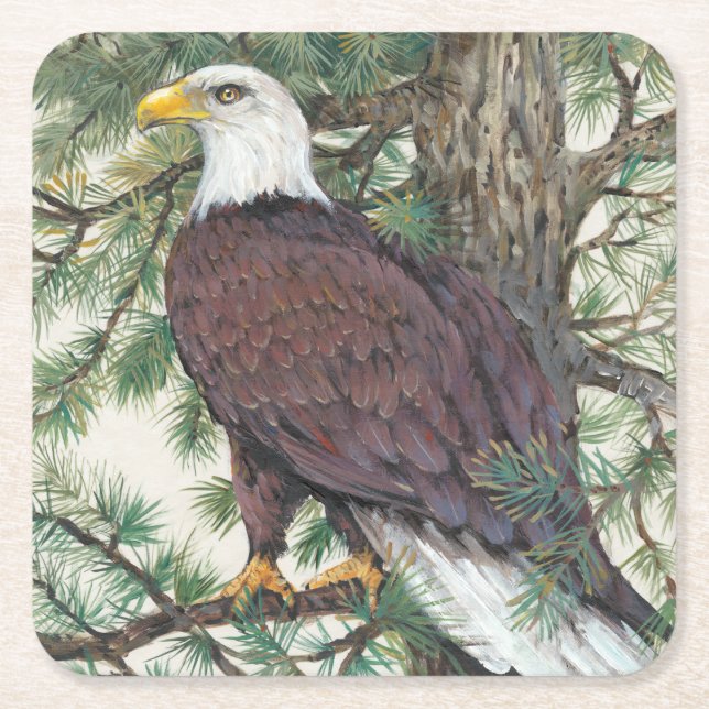 Bald Eagle on Branch Square Paper Coaster (Front)
