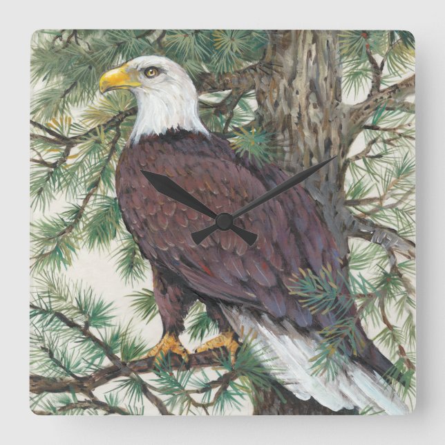 Bald Eagle on Branch Square Wall Clock (Front)