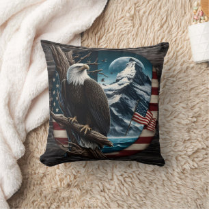 Bald Eagle on Branch With Mountain and Flag Cushion